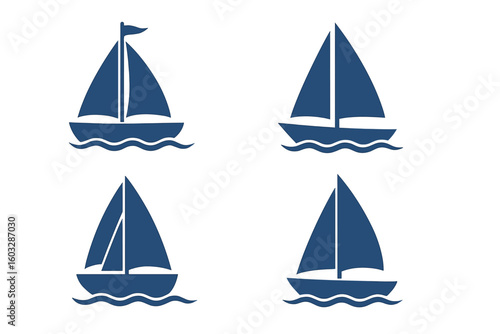 Set of sailboat icons. Blue ship silhouette on wave. Simple boat pictogram for logo. Nautical marine symbol. Sea, ocean travel, summer vacation, regatta, yachting concept.