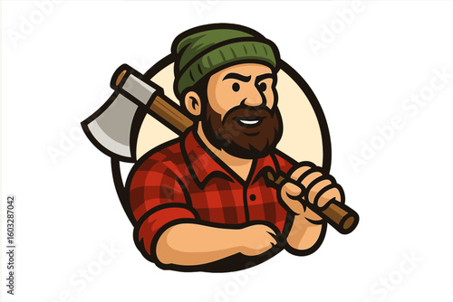 Lumberjack mascot logo. Bearded woodcutter man with an axe. Cartoon character emblem for a forestry or timber company. Strong woodsman in a plaid shirt vector illustration.