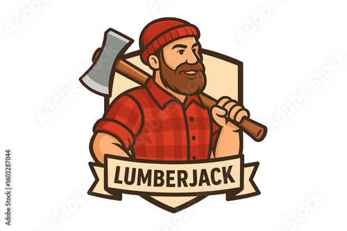 Bearded lumberjack mascot with an axe on his shoulder. Cartoon woodcutter character in a red plaid shirt. Vector emblem for a logging, forestry, or timber company logo.