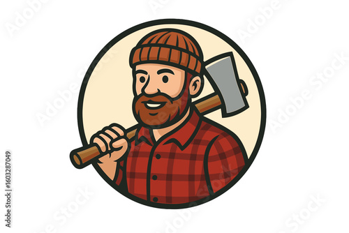 Cartoon lumberjack character with axe. Vector emblem of a smiling, bearded woodcutter in a red plaid shirt. Mascot icon for a timber, carpentry, or forestry brand.