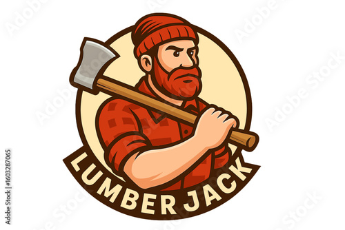 Lumberjack mascot logo holding an axe. Strong man character with a red beard in a plaid shirt. Woodcutter or forester emblem. Cartoon vector illustration for a brand.