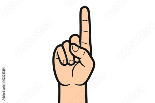Hand gesture with index finger pointing up showing number one. Vector illustration of counting, pointing, or getting attention. First place sign or idea symbol. Isolated icon.
