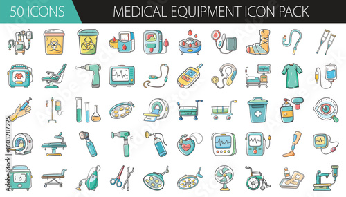 Medical Equipment Icon Pack with 50 Hospital and Clinic Tools - A detailed collection of 50 cartoon-style medical equipment icons, featuring hospital tools, monitors, beds, and instruments for health