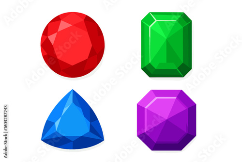 Set of colorful gemstones. Vector illustration of precious stones. Collection of jewels in different shapes and colors. Ruby, emerald, sapphire, amethyst icons isolated.