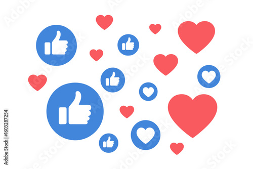 Social media like and heart reaction icons. Thumbs up and love symbols for online engagement and user feedback. Communication concept. Vector illustration for web, app, post.
