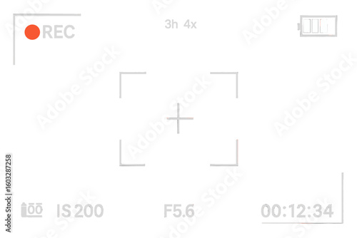Camera viewfinder display. Video recording on screen with REC icon. Digital camcorder or DSLR interface with focus frame, settings, timecode and battery status.