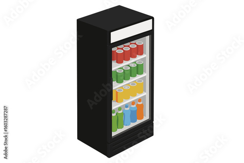 Commercial drinks fridge with a glass door. Beverage cooler display with soda cans and juice bottles. Supermarket refrigerator for cold drinks. Isometric vector illustration.