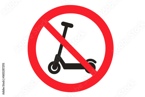 No electric scooter sign. E-scooter prohibition symbol. No entry. Vector icon for no parking zone. Public transport regulation. Forbidden urban mobility. Traffic safety.