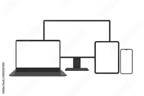 Digital device mockup set with laptop, monitor, tablet, and smartphone. Blank white screens for responsive web design, UI, UX presentation. Realistic vector tech template.