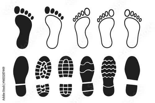 Human footprint and shoe print silhouette vector icon set. Barefoot and boot prints collection. Steps, track, trail concept. Black isolated graphic elements. Walker sole.