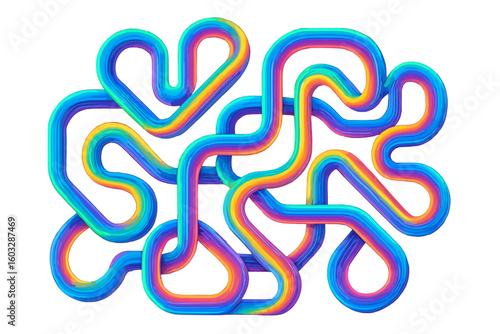 Abstract 3D rainbow gradient line shape. Dynamic fluid design with colorful neon tubes. Multicolored geometric maze concept. Complex tangled path and vibrant loops.