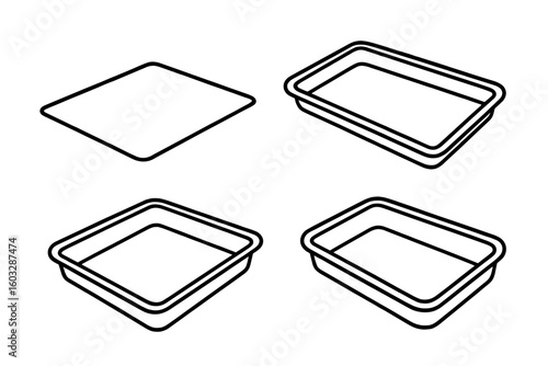 Plastic food tray container for supermarket packaging. Isometric icon set vector. Empty disposable box for meat, vegetables, fish or takeaway meal. Line art illustration.