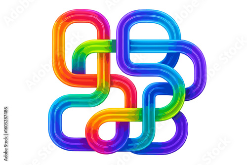 Abstract colorful neon lines in a dynamic 3D gradient rainbow shape. Fluid design with multicolored geometric maze loop stripes. Interwoven knot path vector illustration.