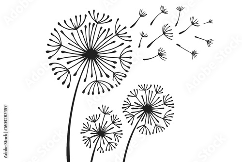 Black dandelion silhouette with seeds blowing and flying in the wind. Vector illustration of a flower. Concept of freedom, hope, change, and dreams. Minimalist nature art.