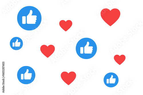Wallpaper Mural Social media like and love reaction icons. Floating thumbs up and red heart buttons for online engagement, marketing, and promotion. Vector illustration background design. Torontodigital.ca