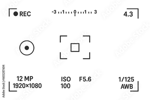 Camera viewfinder display UI for photo and video recording. Digital screen interface with focus, exposure, and settings indicators. Vector HUD overlay elements set.