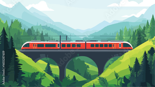 Express Passenger Train Crossing Bridge in Picturesque Natural Setting