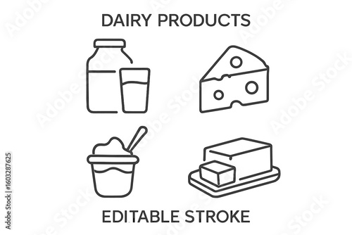 Dairy products icon set. Milk, cheese, yogurt, butter line icons. Farm food symbols for web and apps. Editable stroke vector illustration in thin line style. Pictogram.