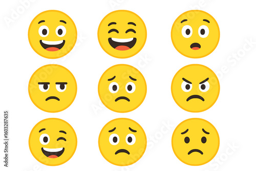 Emoticon vector set with many expressions. Cartoon smiley face collection. Cute flat emoji icons. Happy, sad, angry, surprised emotions for chat or web design.