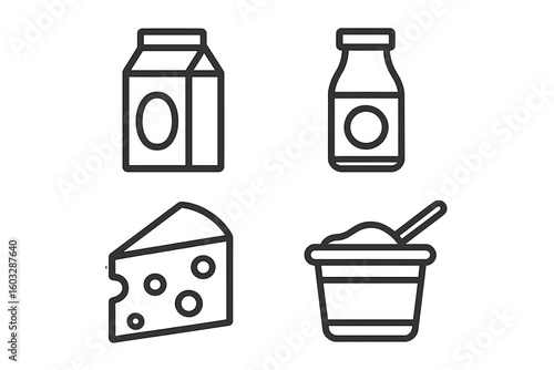 Dairy products line icon set. Vector symbols of milk, cheese, yogurt, kefir. Editable stroke icons for web design, app UI, infographics, grocery store and food packaging.