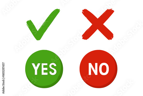 Green check mark and red cross grunge brush signs. Yes and no glossy buttons. Tick and cross symbols for approval, voting, decision, and choice. Accept and reject icons.
