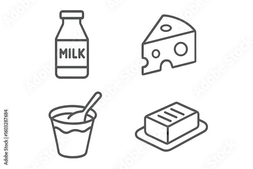 Dairy products line icon set. Vector collection of milk, cheese, yogurt, and butter symbols. Outline illustration for healthy food, breakfast, farm, and grocery concepts.