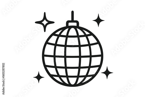 Disco ball with stars icon. Nightclub party line art sign. Retro 70s dance music symbol. Nightlife celebration graphic. Mirror ball vector. Shiny glitter logo illustration.