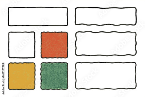 Hand drawn doodle frames set with grain texture. Colorful cartoon squares and rectangles with wavy borders. Retro sketch text boxes and labels. Abstract grunge design elements.