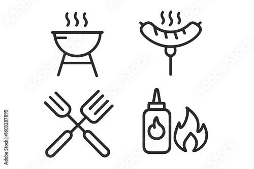 Barbecue and grill party line icon set. Grilled sausage on a fork, hot spicy sauce, and crossed forks. Outdoor cooking, summer picnic, and food vector graphic elements.