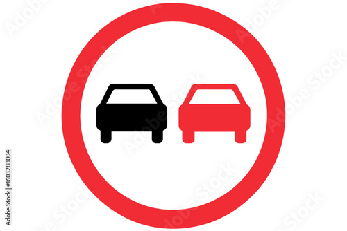 No overtaking road sign vector illustration. Traffic prohibition symbol. Driving regulation icon for safety on the highway. Red circle with two cars. Isolated on white