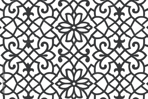 Seamless Arabian Geometric Floral Pattern. Black and White Arabesque Lattice. Traditional Islamic Mosaic Ornament. Intricate Interlace Tile Motif. Middle Eastern Decorative Vector Background