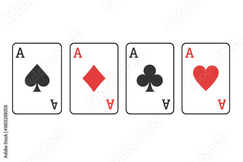 Four aces playing cards suit set isolated. Vector symbols of heart, diamond, club, spade for poker or casino game. Gambling luck concept. Minimalist design icon collection.