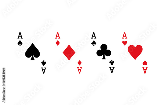 Ace card suit set isolated. Playing cards symbols for poker or casino games. Vector icons of hearts, diamonds, clubs, and spades. Gambling and luck concept illustration.