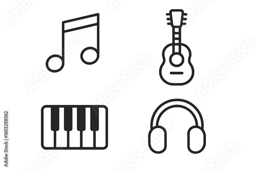 Music icon set with musical note, guitar, piano keyboard, and headphones. Simple line art symbols for audio, sound, and melody. Vector outline pictograms for web and app UI.