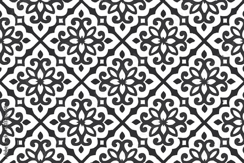 Seamless Arabian Geometric Ornamental Pattern. Floral Arabesque Lattice. Islamic Black and White Vector Background. Traditional Mosaic Tile Motif. Repeat Ethnic Decoration