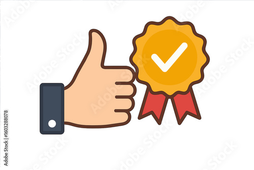 Approval check icon for recommendation or endorsement. Hand giving thumb up gesture. Honor badge for high quality. Concept of public support, positive feedback, and success.