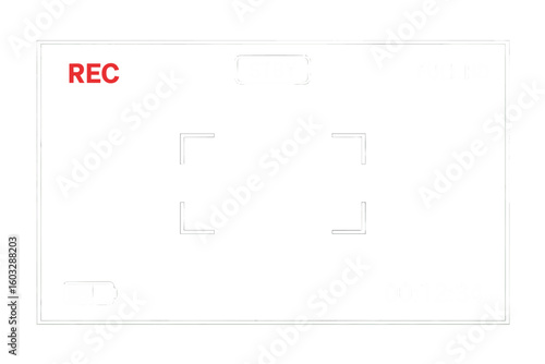 Camera frame viewfinder screen of video recorder. Recording video screen display in full HD format. Digital display interface with REC icon, timecode, and battery status.