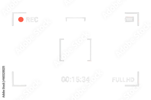 Camera viewfinder screen. Video recorder display interface. Recording on transparent background. Full HD format. Digital camcorder overlay with frame markers, rec icon and timer.