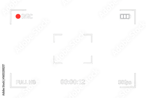 Camera viewfinder recording screen with Full HD and 50fps display. Digital video camcorder interface overlay with rec icon, timecode, focus frame, and battery status.