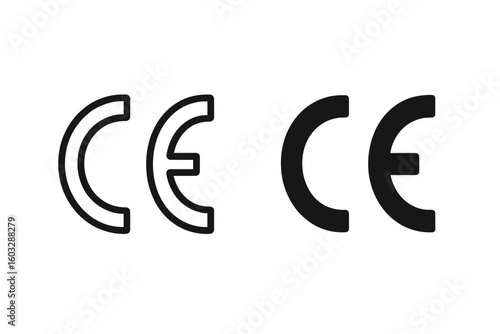 CE mark icon set for European conformity. Vector symbol of certification and safety standard. Line and solid style illustration for product packaging and documents.