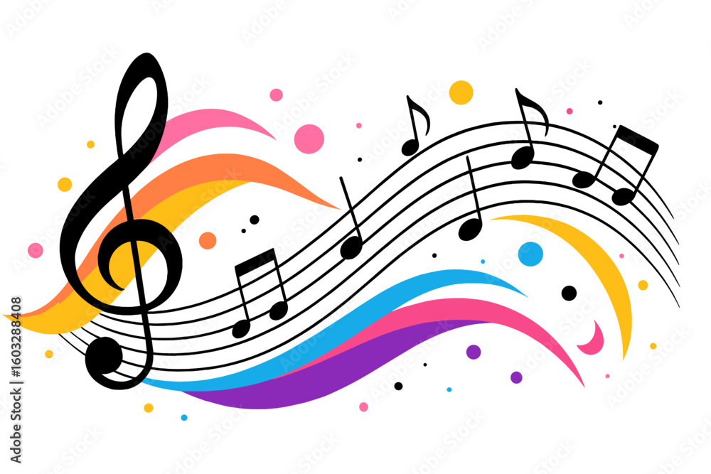 Obraz premium Colorful music notes background. Abstract musical staff with treble clef. Dynamic sound wave. Vector illustration for party flyer, festival poster, concert banner. Melody.