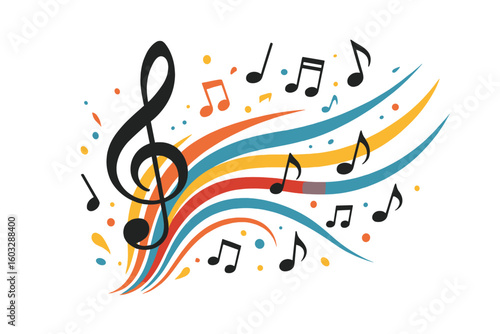 Dynamic music abstract background. Treble clef and notes flowing on colorful waves. Sound melody concept for festival, concert, or party. Vector illustration art design.