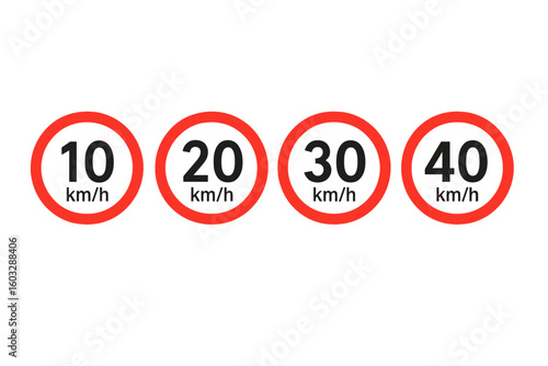 Set of Speed Limit Signs Vector Illustration. Road Traffic Symbols with Red Circle Borders for 10, 20, 30, 40 km/h. Printable Highway Safety Signage. Transparent PNG for Driving Regulations Design