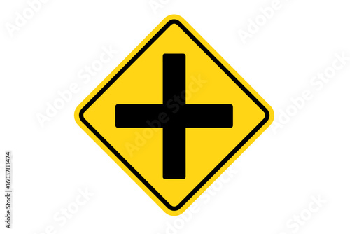 Crossroad Intersection Warning Traffic Road Sign, Yellow Diamond Shape, Bold Black Plus Symbol, Vector Illustration, Transparent Background, Safety Caution for Drivers, Transportation Alert Symbol