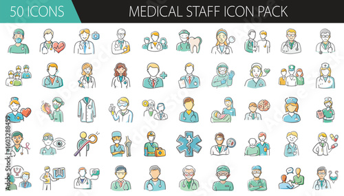 Medical Staff Icon Pack with 50 Healthcare Professional Illustrations - A detailed set of 50 cartoon-style medical staff icons, featuring doctors, nurses, surgeons, and healthcare workers for hospital