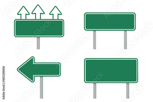 Blank green highway road sign set with up and left arrows, empty directional street sign boards, vector illustration template for traffic navigation on transparent background
