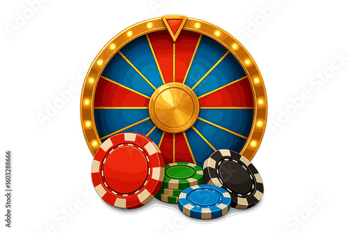 Casino Fortune Wheel and Poker Chips Vector Illustration, Glowing Game Wheel, Colorful Chips, Gambling Concept, Transparent Background, Luck, Win, Vegas Night, Casino Design