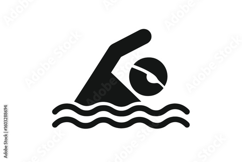 Minimalist Swimming Icon Symbolizing Swimming Pool Activity, Swimmer Arm Stroke, Swim Training, Water Sport, Aquatic Fitness, and Recreational Swimming in Black on Transparent Background
