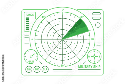 Military Radar Screen Interface Vector. Digital Sonar Detector, Target Scanning, Submarine or Navy Ship Navigation. Green Electronic Grid with Compass, Gauge, Range Meter, Sonar Pulse, Matrix Effect