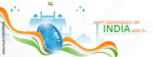 15 th August Indian Independence Day banner template design with Indian flag and Indian monument.
